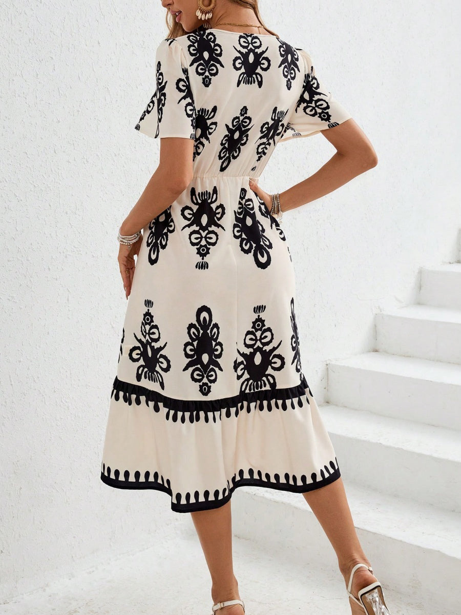 Vintage Baskılı V Yaka Midi Elbise