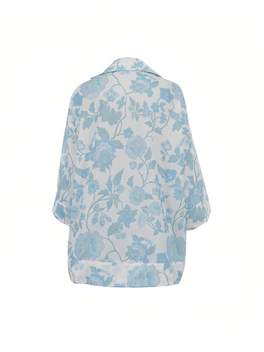 Mavi Çiçekli Kemerli Şort Takımı