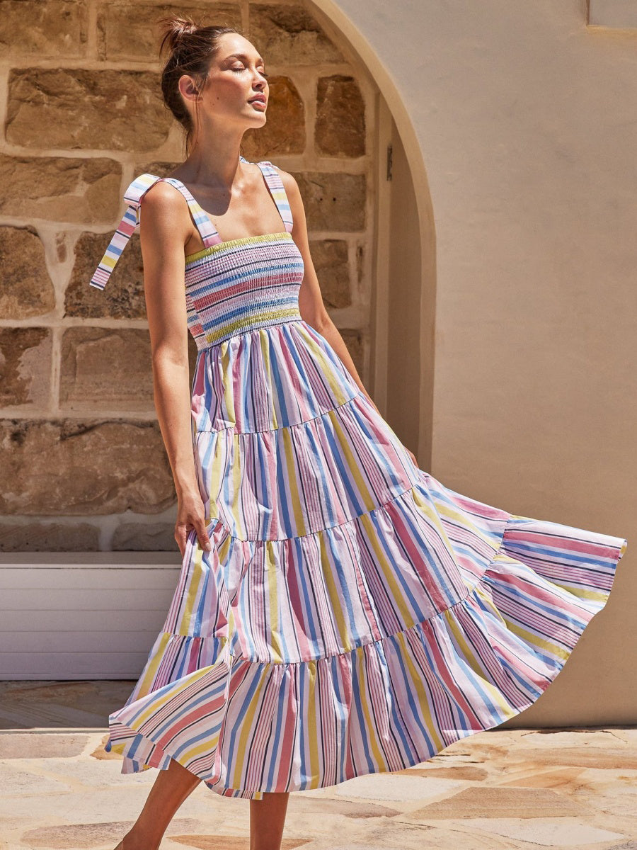 Kolsuz Çizgili Desenli A Kesim Midi Elbise