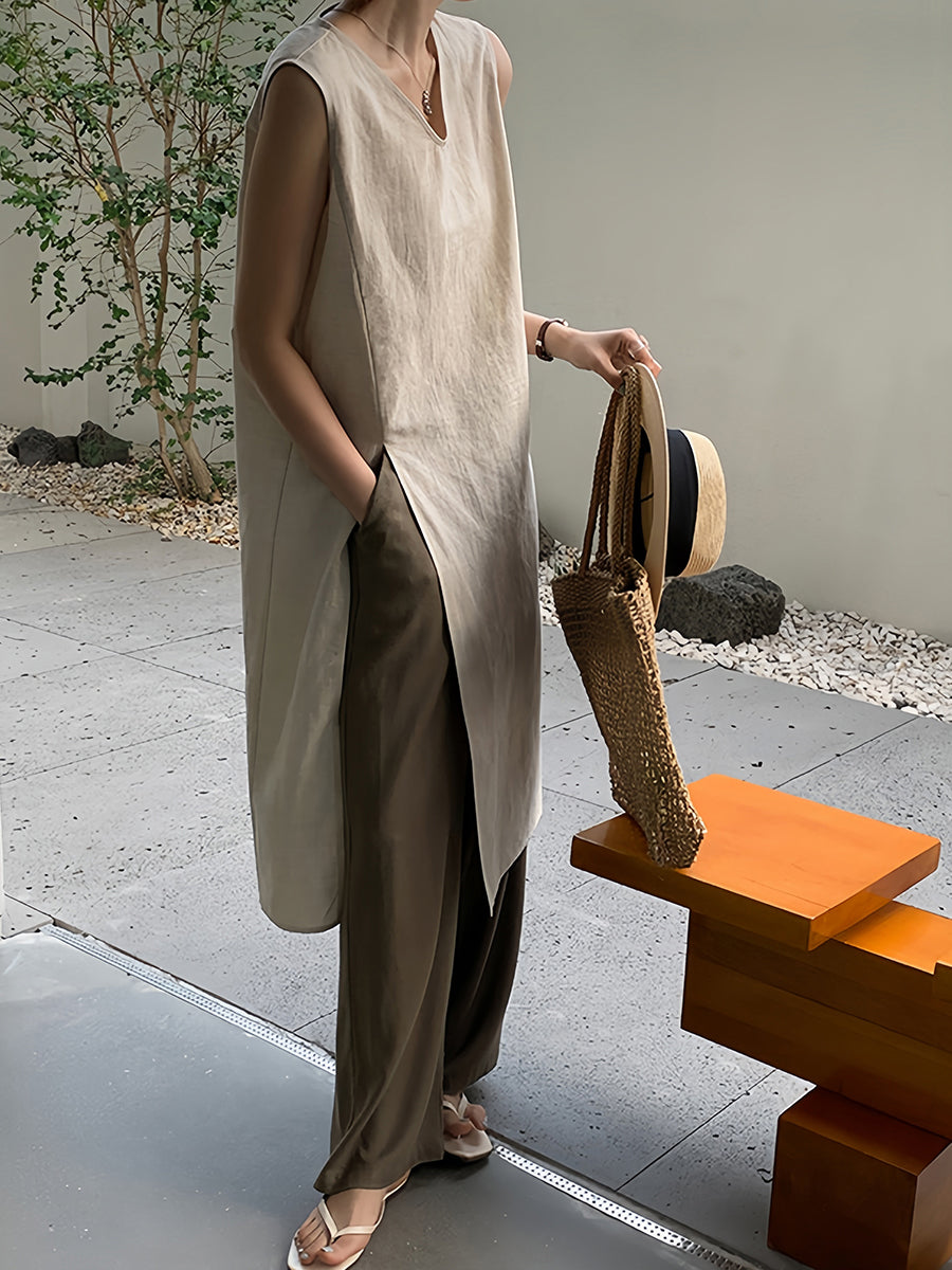 Düz V Yakalı Yelek Yırtmaçlı Midi Elbise