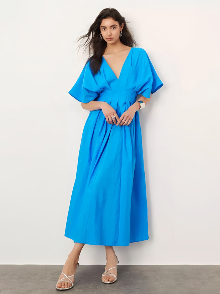 Zarif V Yaka Pileli Midi Elbise