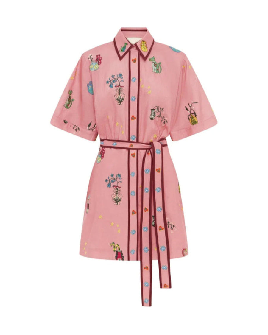 Çiçek Desenli Keten Pembe Mini Elbise