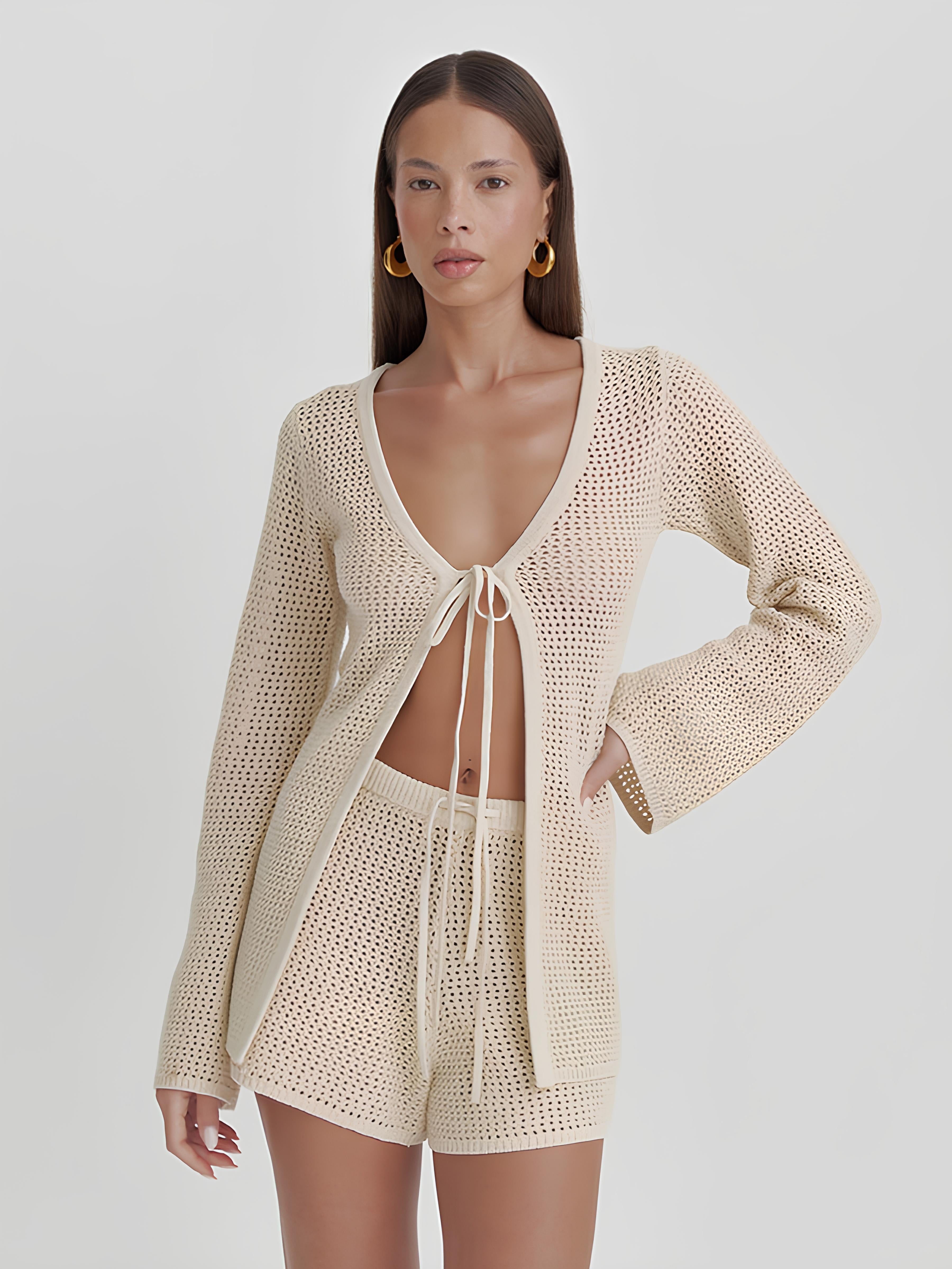 Bağcıklı Delikli Şort Takım