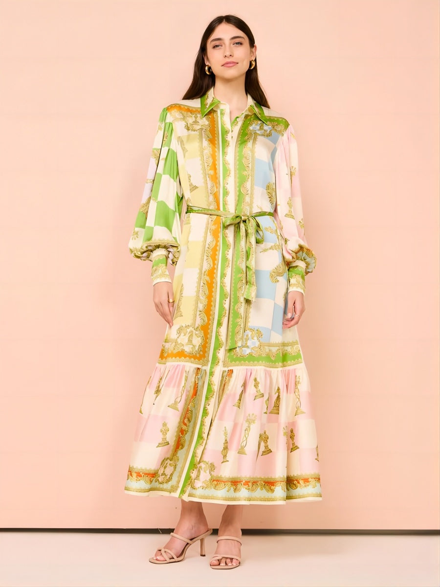 Fener Kollu Graffiti Baskılı Bağcıklı Midi Elbise