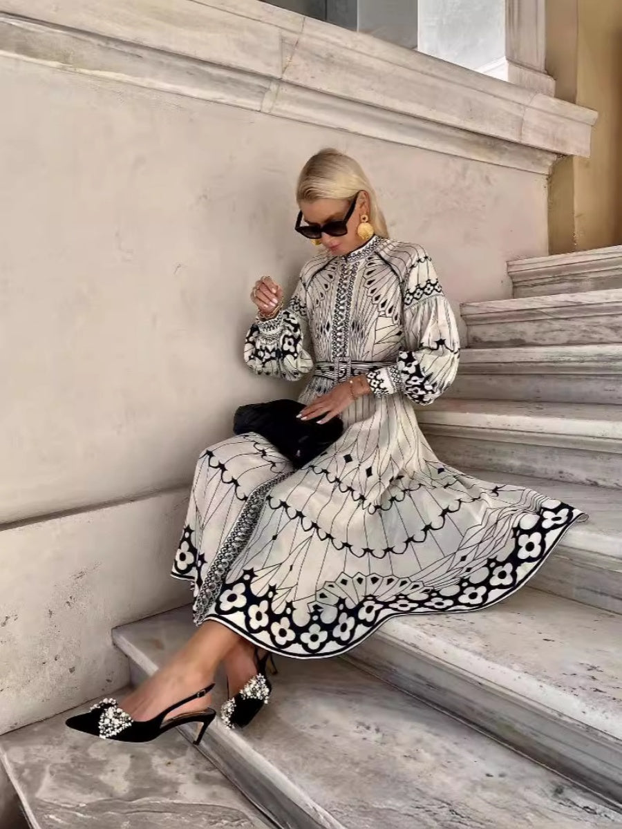 Vintage Baskılı Fener Kollu Midi Elbise