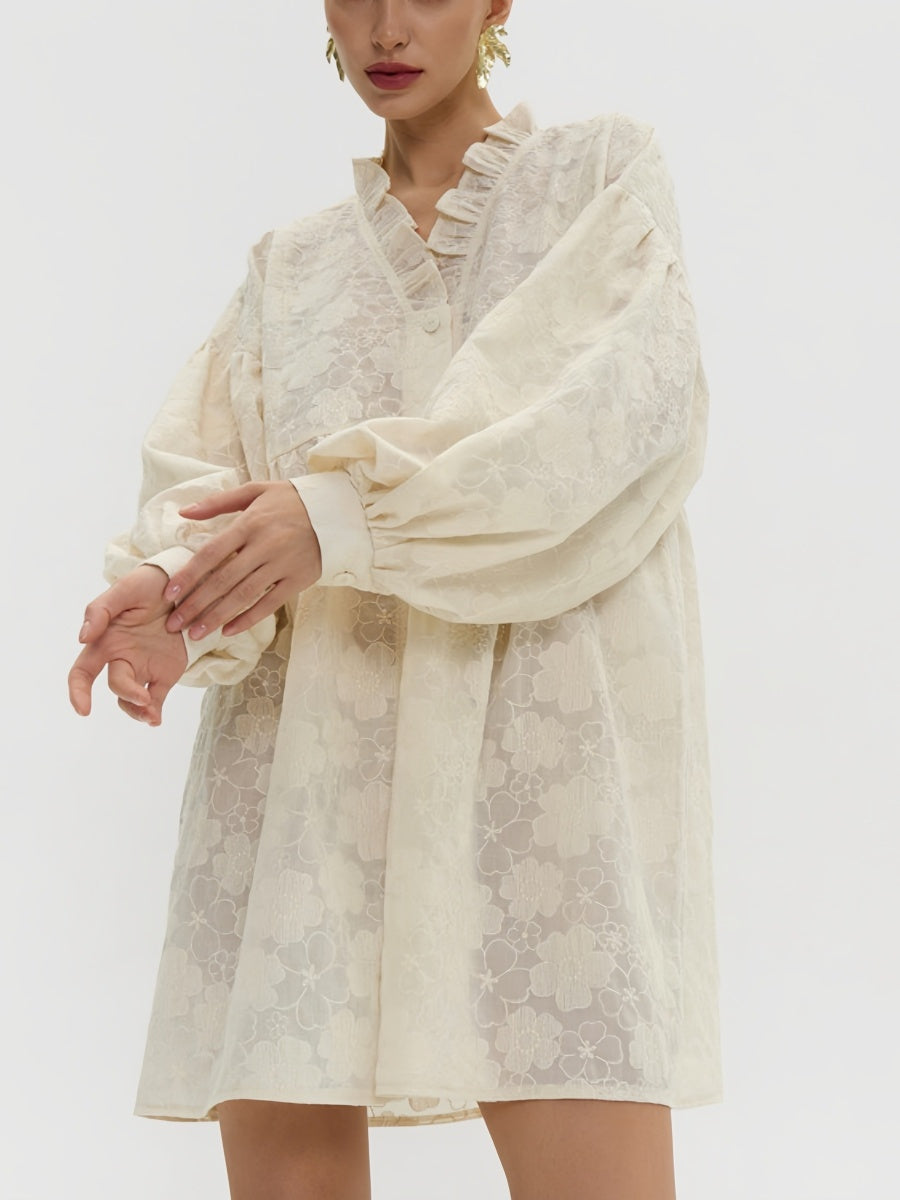 İşlemeli Çiçekli Bol Gömlek Elbise