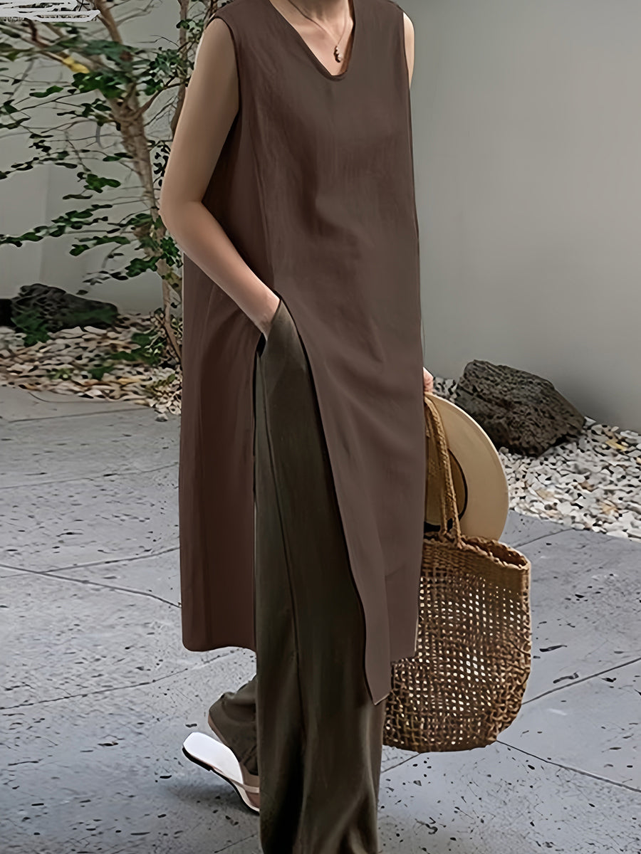 Düz V Yakalı Yelek Yırtmaçlı Midi Elbise