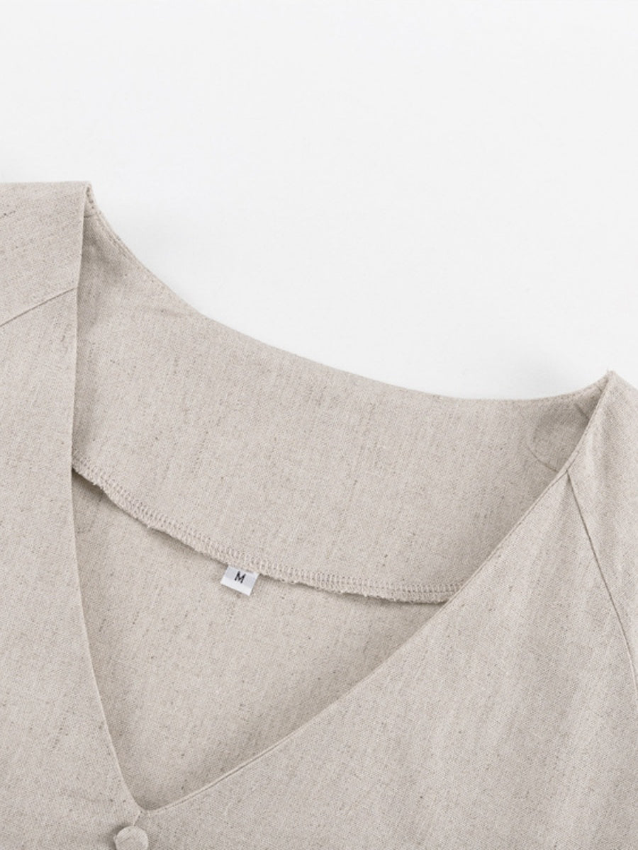 V Yakalı Fener Kollu Bol Kısa Elbise