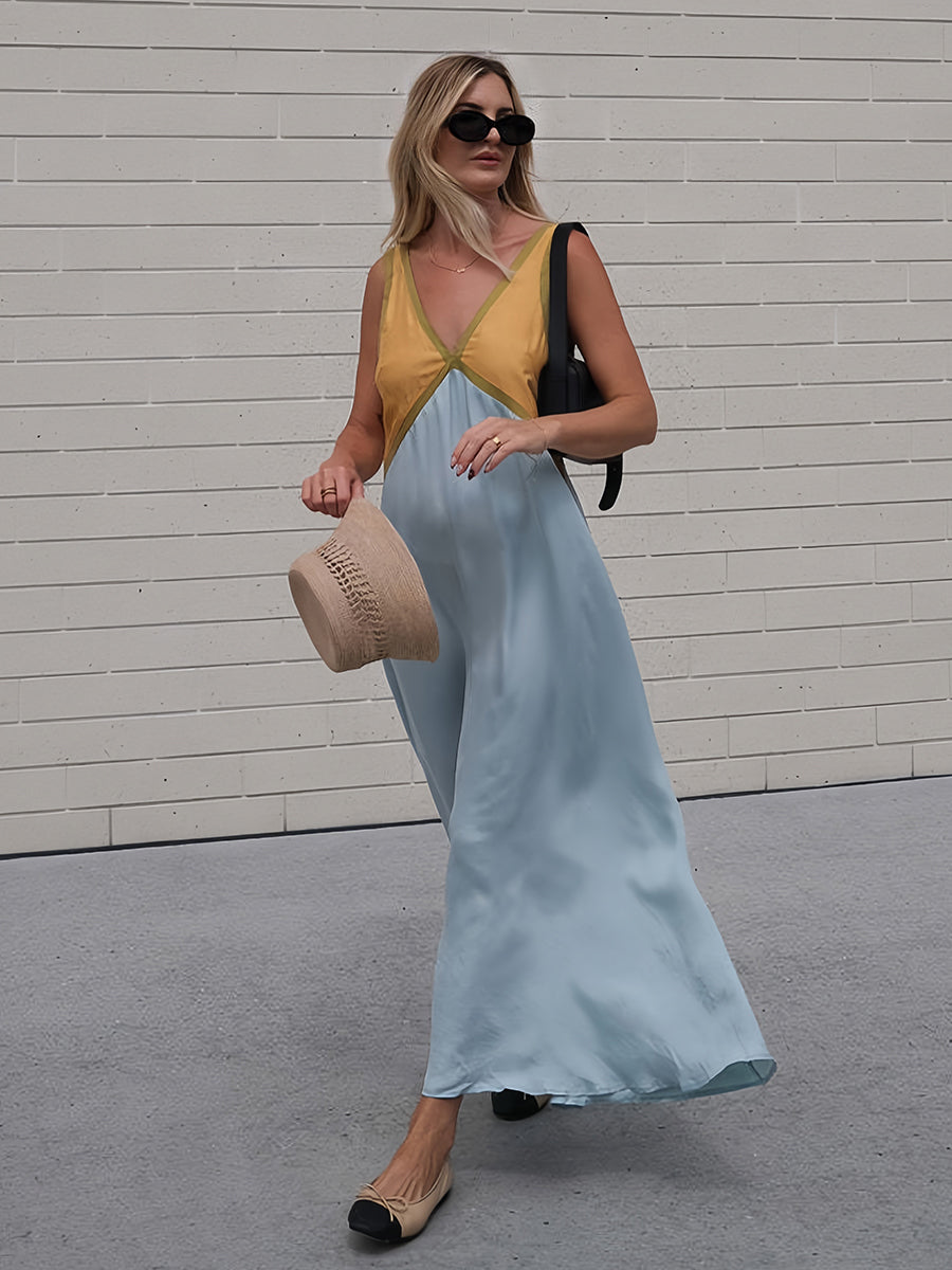 Renk Bloklu Kolsuz Sırtı Açık Uzun Elbise