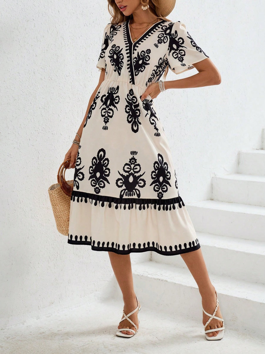 Vintage Baskılı V Yaka Midi Elbise