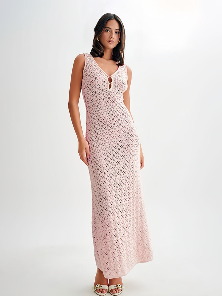 V Yaka Metal Detaylı Kolsuz Uzun Elbise