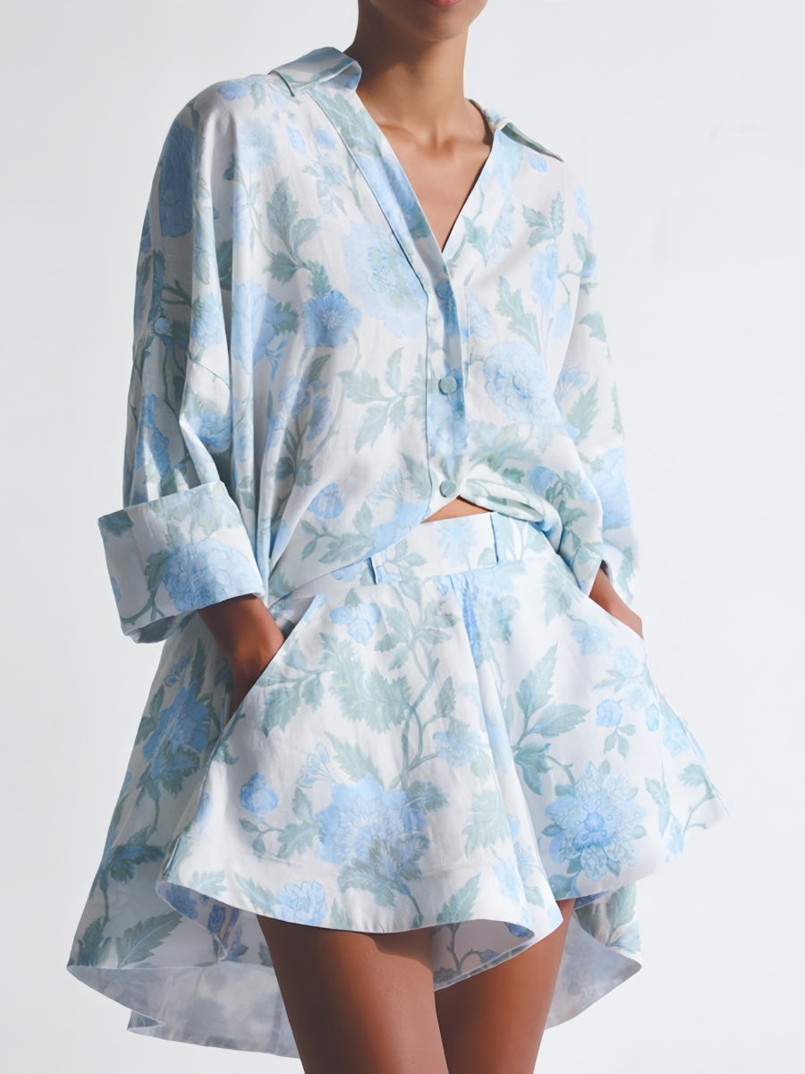 Mavi Çiçekli Kemerli Şort Takımı