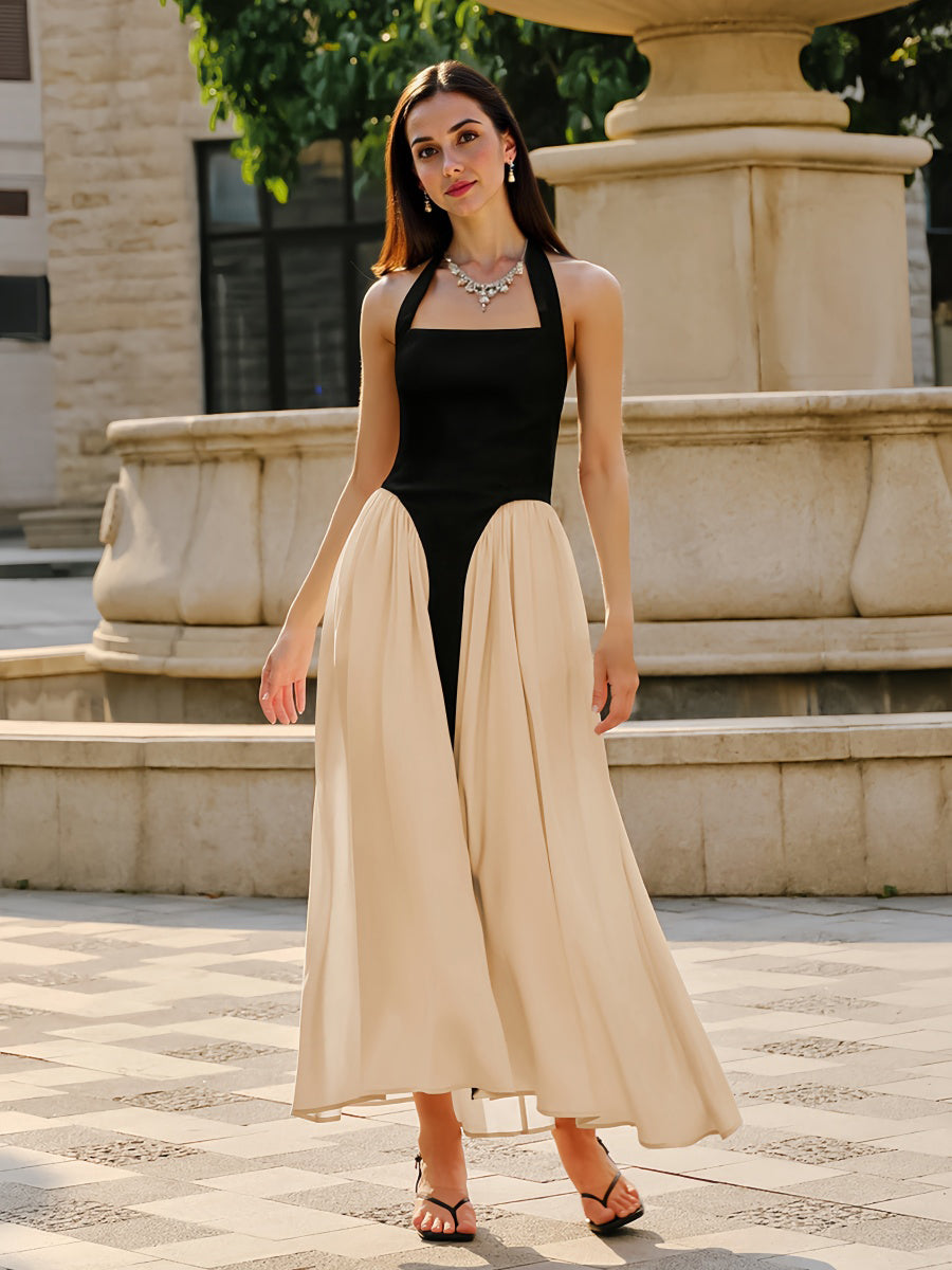 Renk Bloklu Kolsuz Askılı Midi Elbise