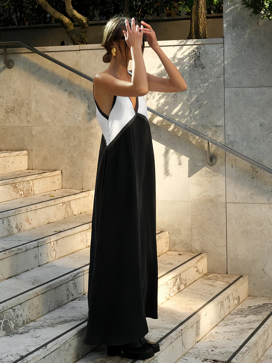 Renk Bloklu Kolsuz Sırtı Açık Uzun Elbise