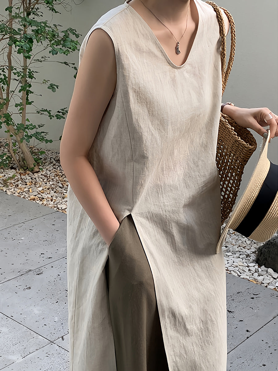 Düz V Yakalı Yelek Yırtmaçlı Midi Elbise