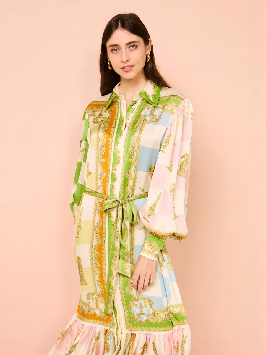 Fener Kollu Graffiti Baskılı Bağcıklı Midi Elbise