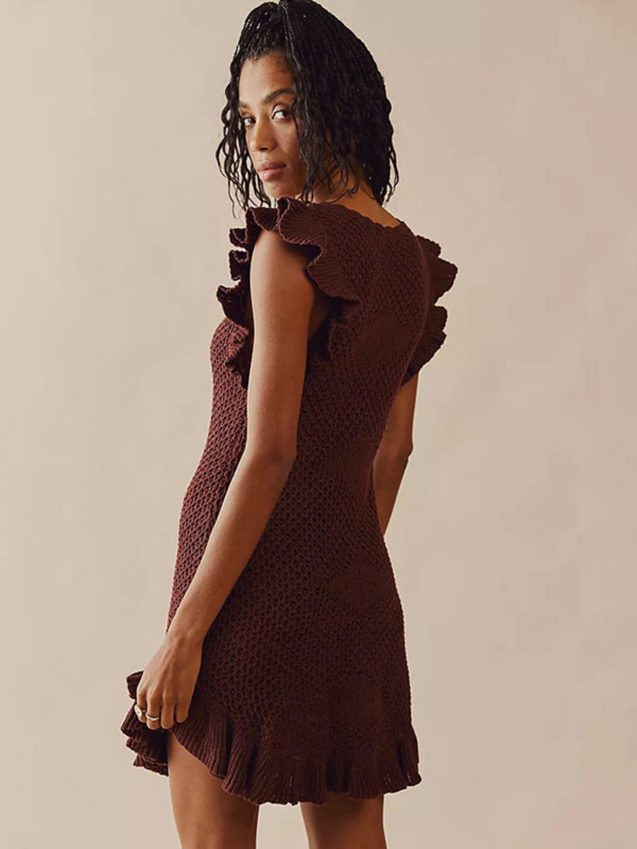 Düz Tığ İşi Volanlı Mini Elbise