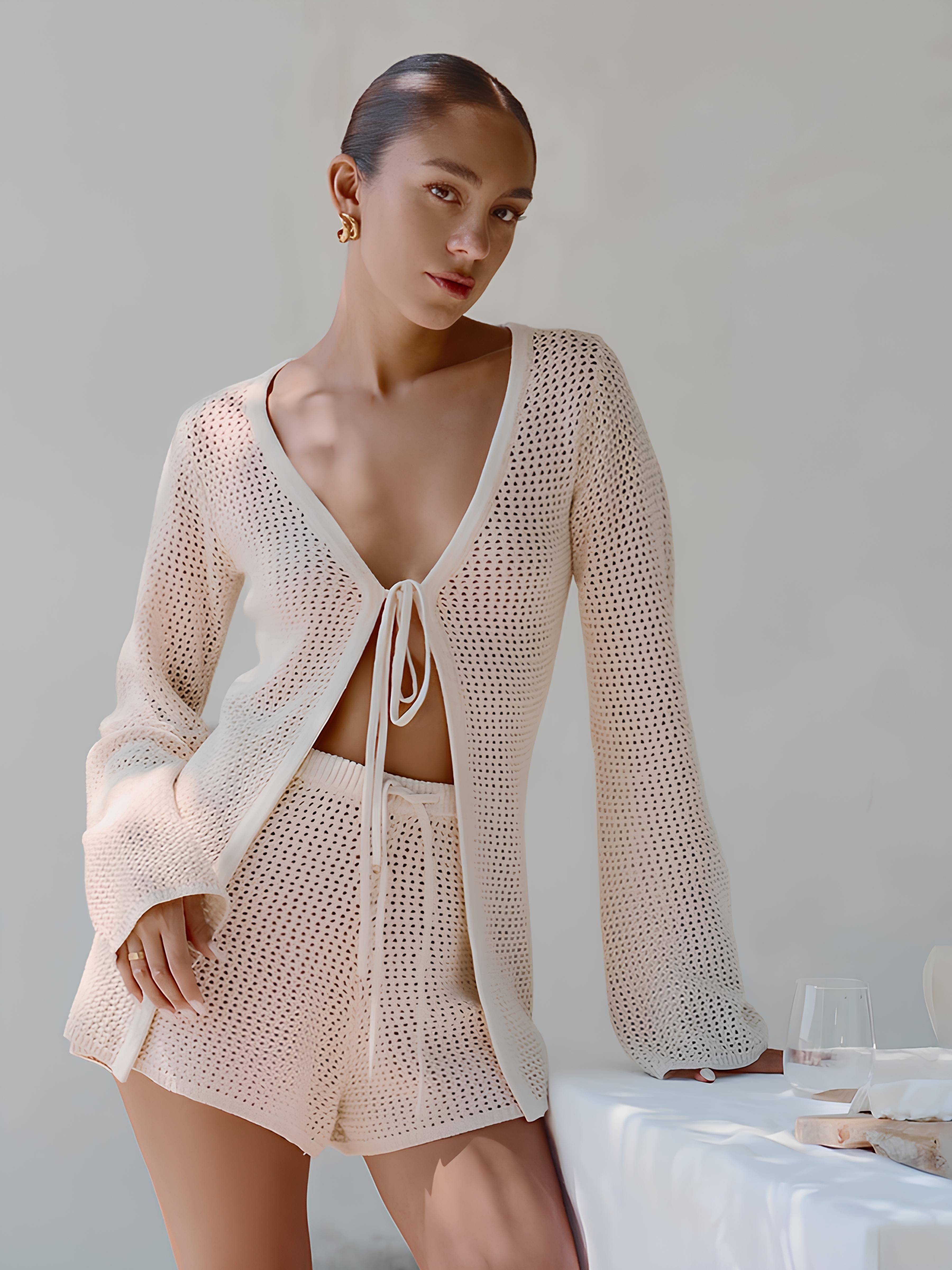 Bağcıklı Delikli Şort Takım