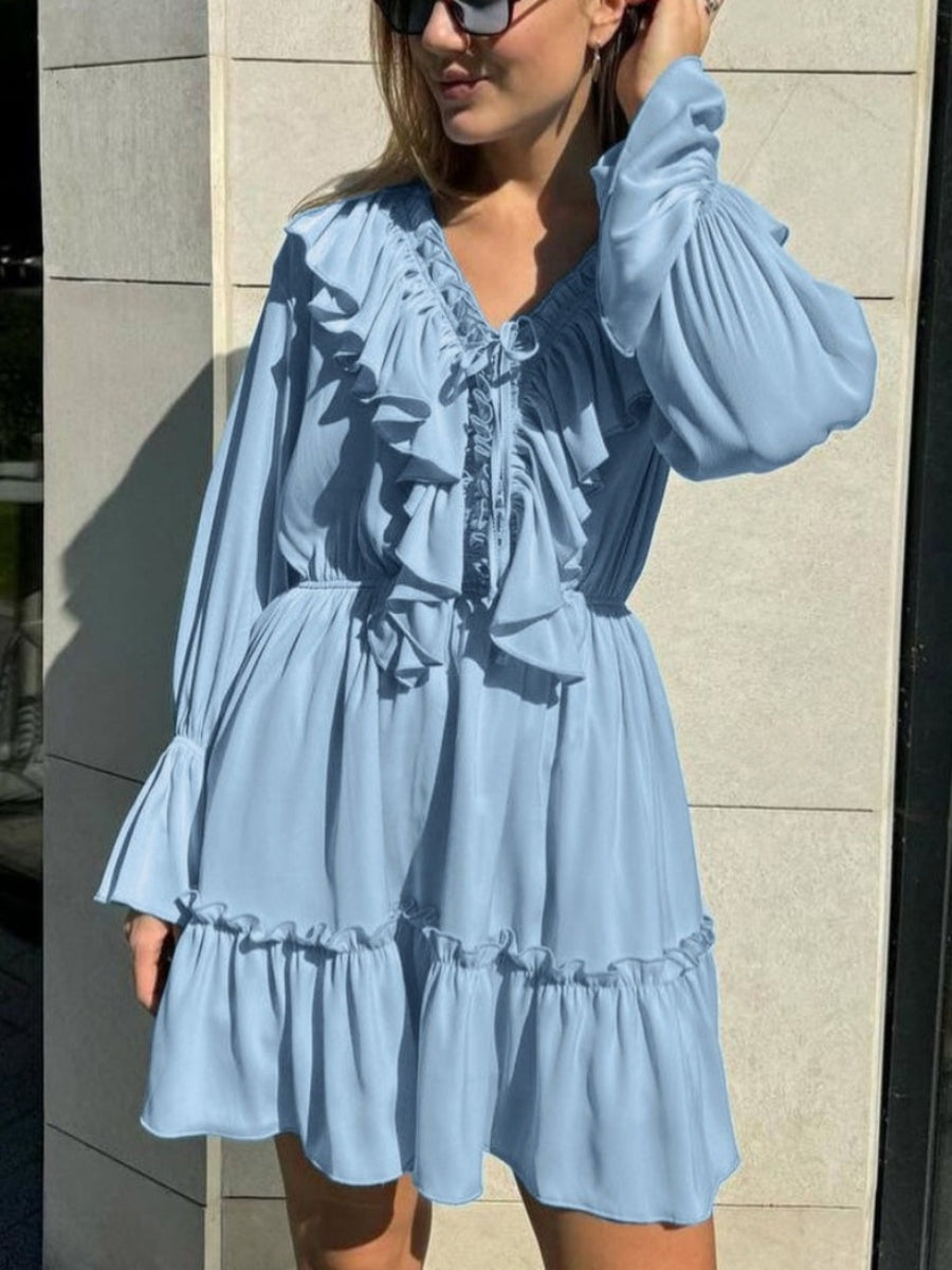 Volanlı V Yakalı Kloş Kollu Mini Elbise