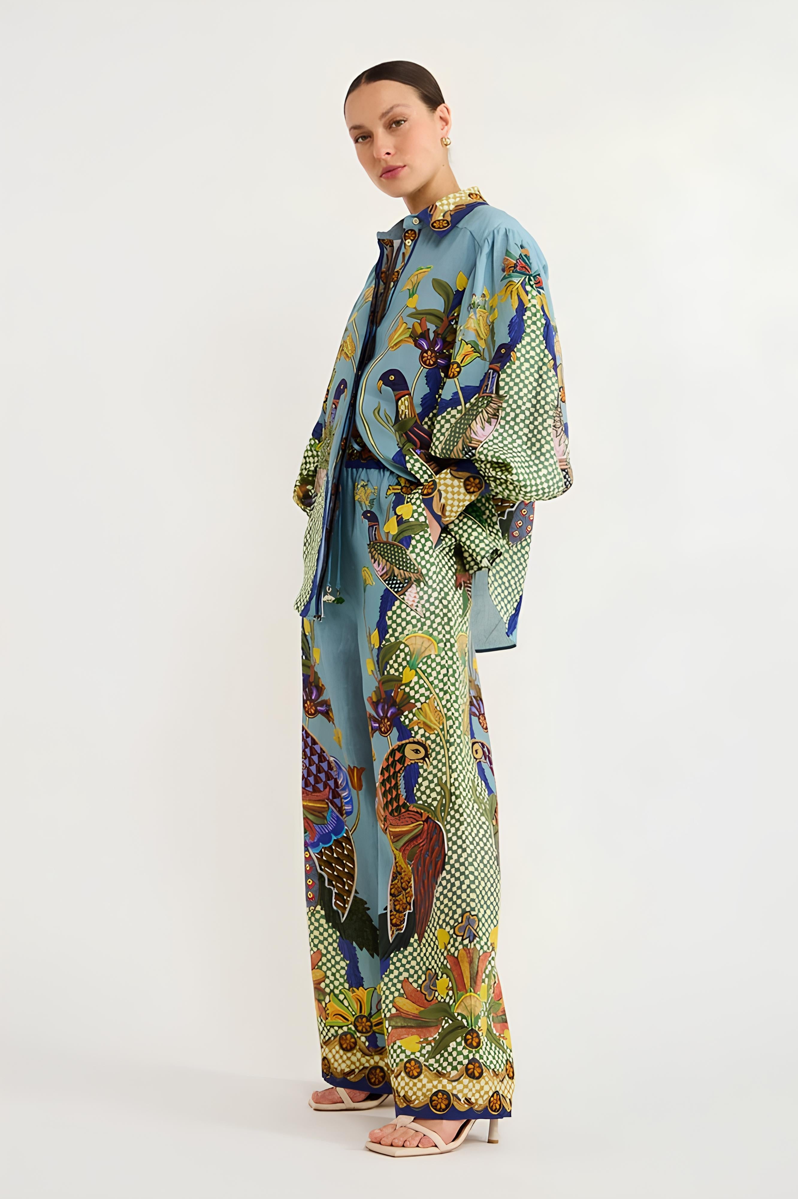 Puf Kollu Desenli Pantolon Takımı