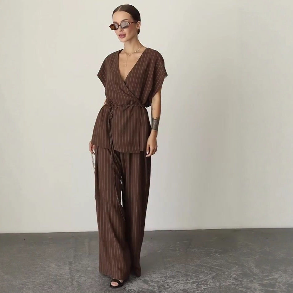 Çizgili Kuşaklı Bluz - Pantolon Takım