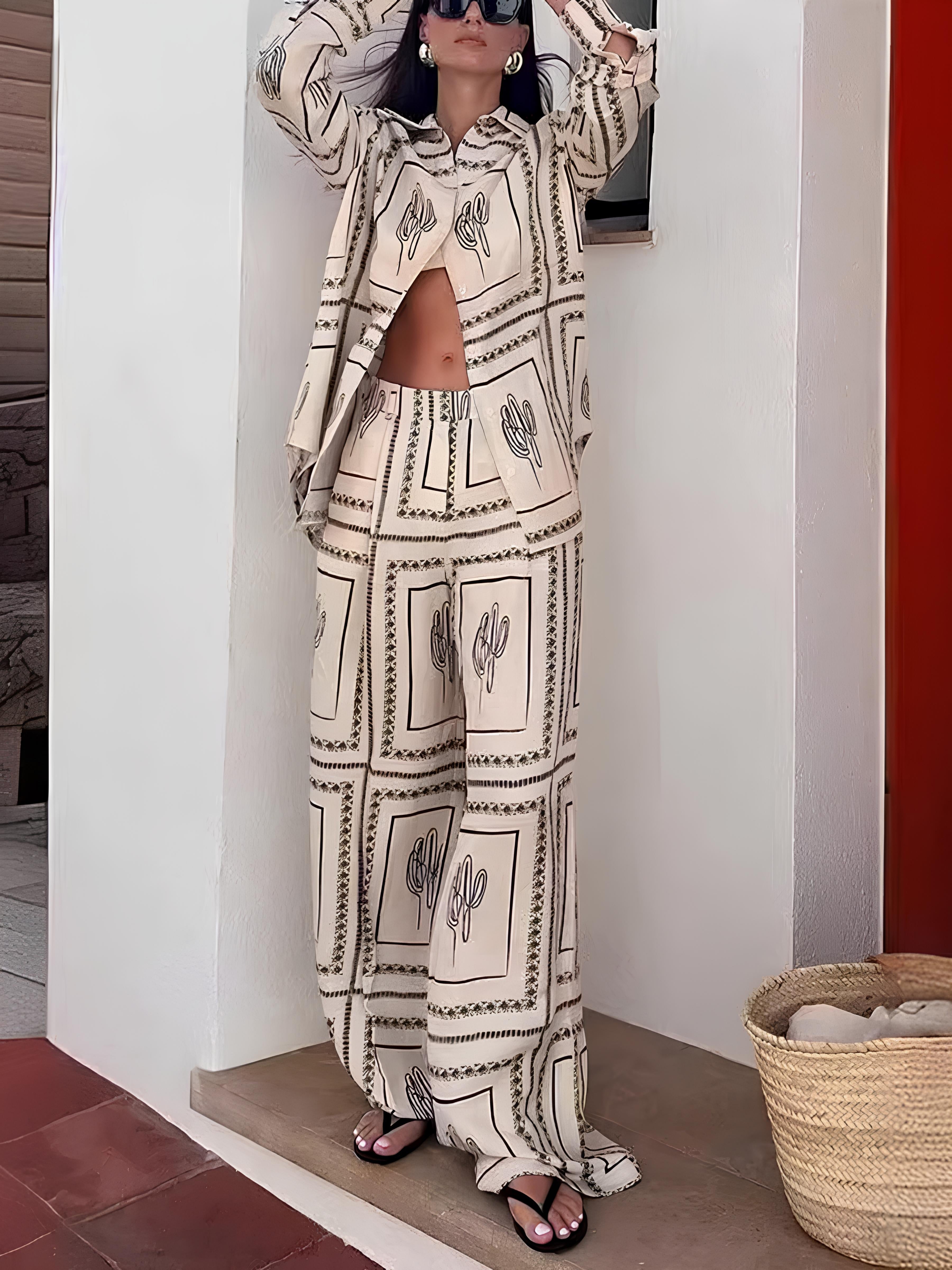 Desenli Uzun Kollu Pantolon Takımı