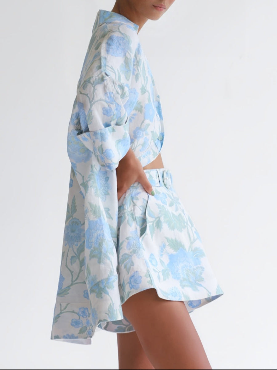 Mavi Çiçekli Kemerli Şort Takımı