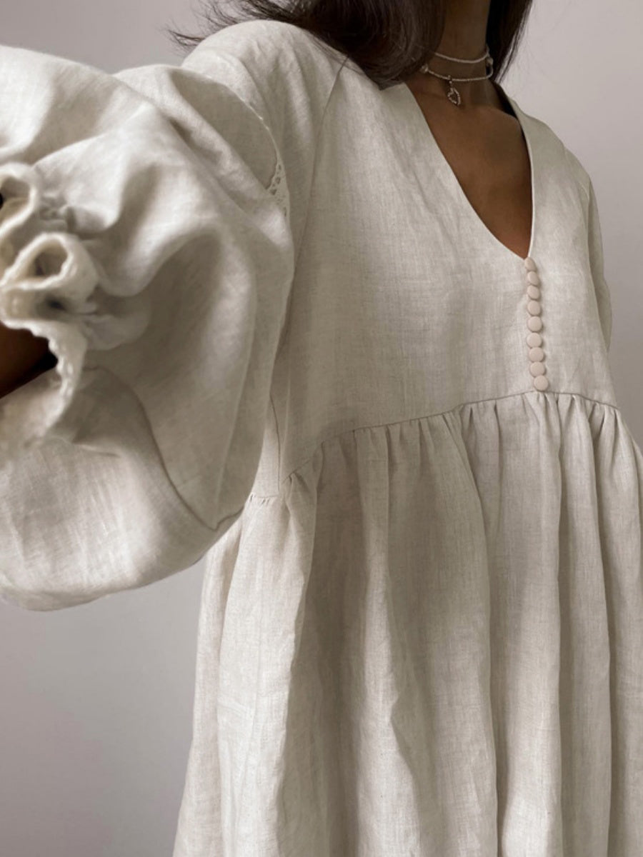 V Yakalı Fener Kollu Bol Kısa Elbise