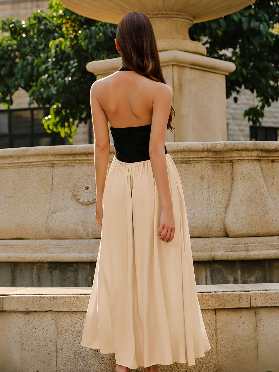 Renk Bloklu Kolsuz Askılı Midi Elbise