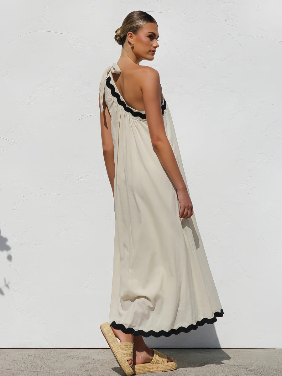Tek Omuzlu Kontrast Etek Tatil Elbisesi