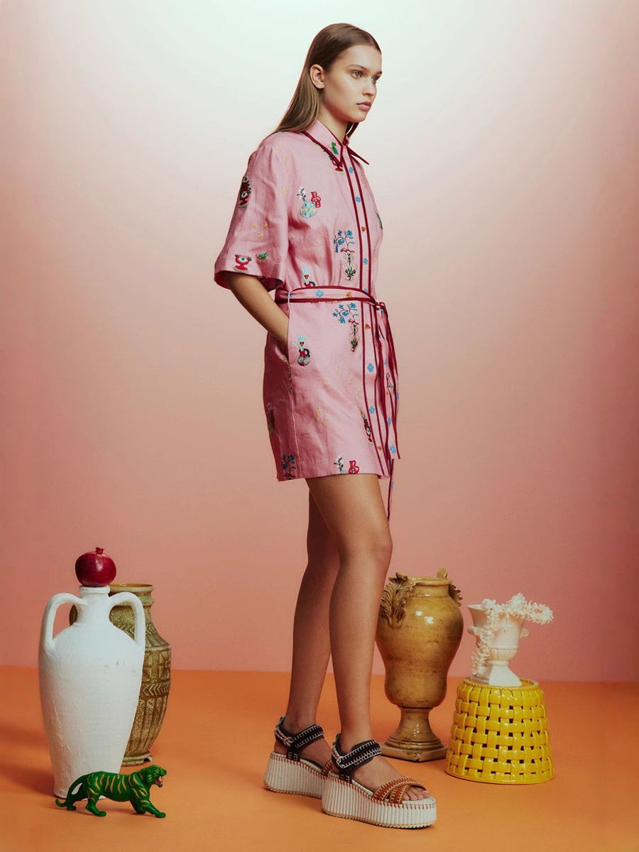 Çiçek Desenli Keten Pembe Mini Elbise