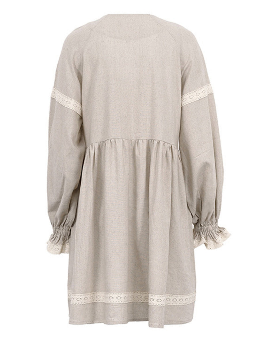 V Yakalı Fener Kollu Bol Kısa Elbise