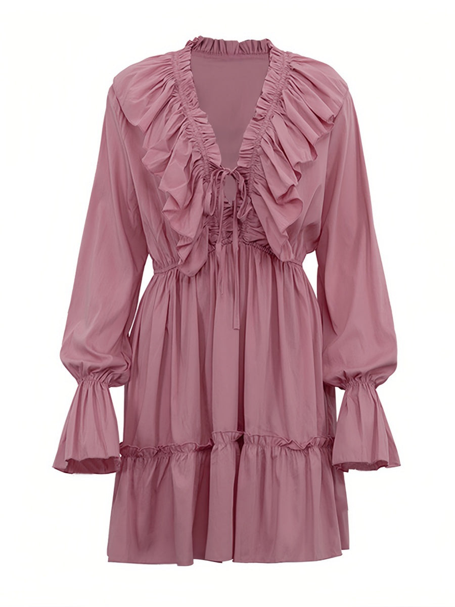 Volanlı V Yakalı Kloş Kollu Mini Elbise