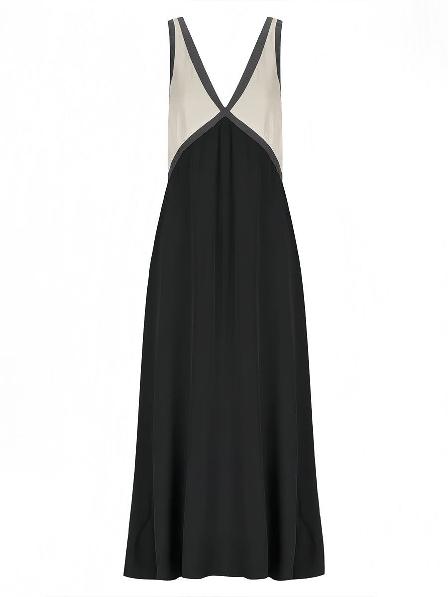 Renk Bloklu Kolsuz Sırtı Açık Uzun Elbise