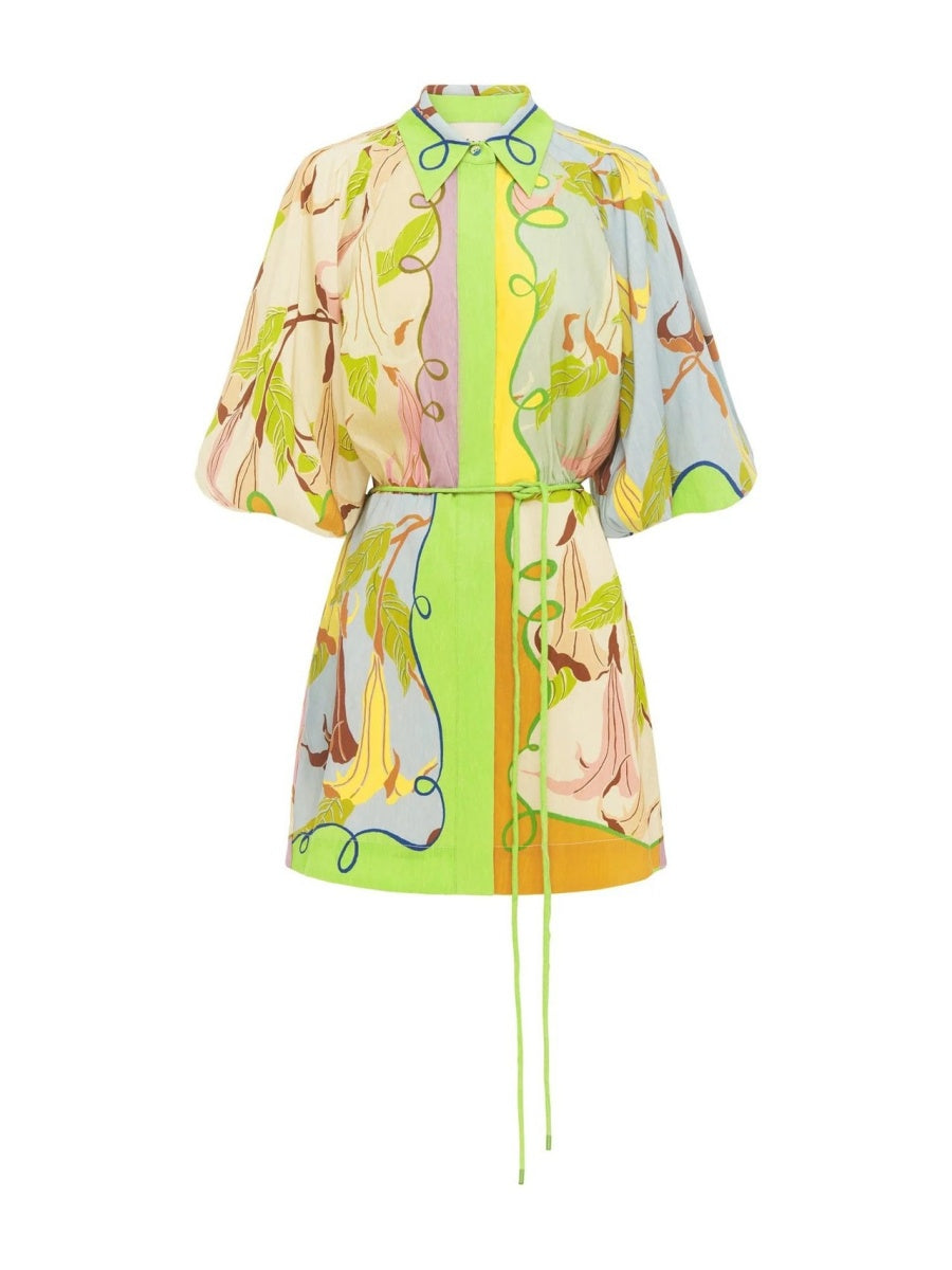 Yaprak Desenli Puf Kollu Bağcıklı Mini Elbise