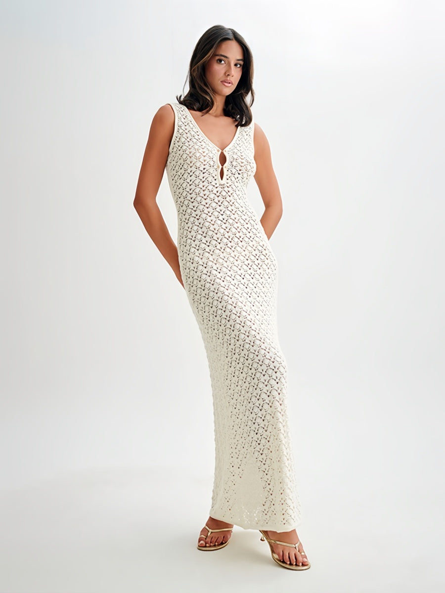 V Yaka Metal Detaylı Kolsuz Uzun Elbise