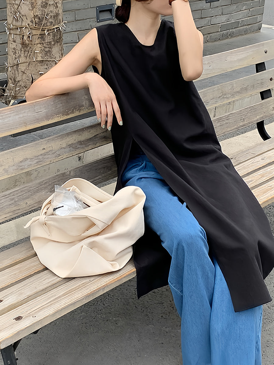 Düz V Yakalı Yelek Yırtmaçlı Midi Elbise