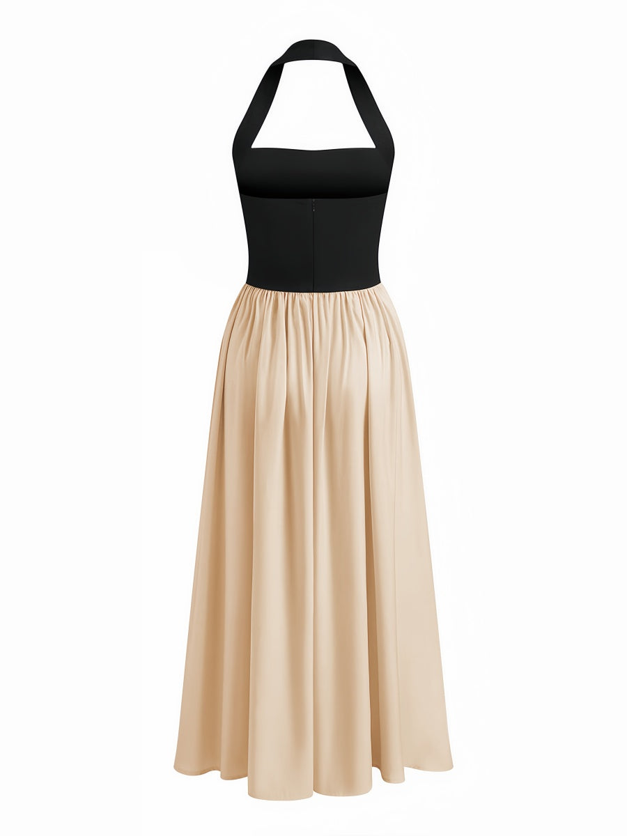 Renk Bloklu Kolsuz Askılı Midi Elbise