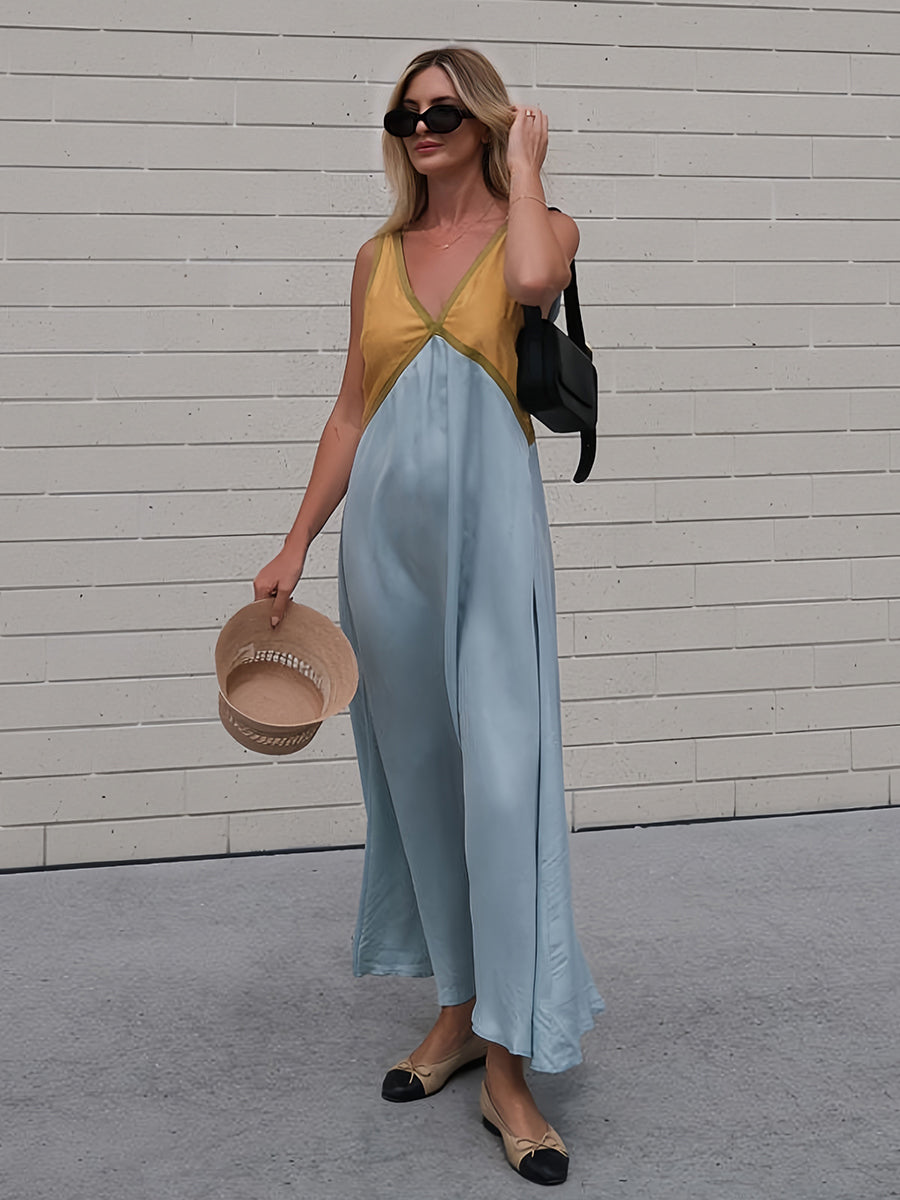 Renk Bloklu Kolsuz Sırtı Açık Uzun Elbise