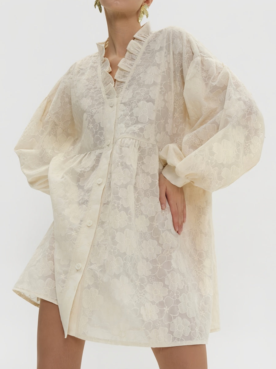 İşlemeli Çiçekli Bol Gömlek Elbise