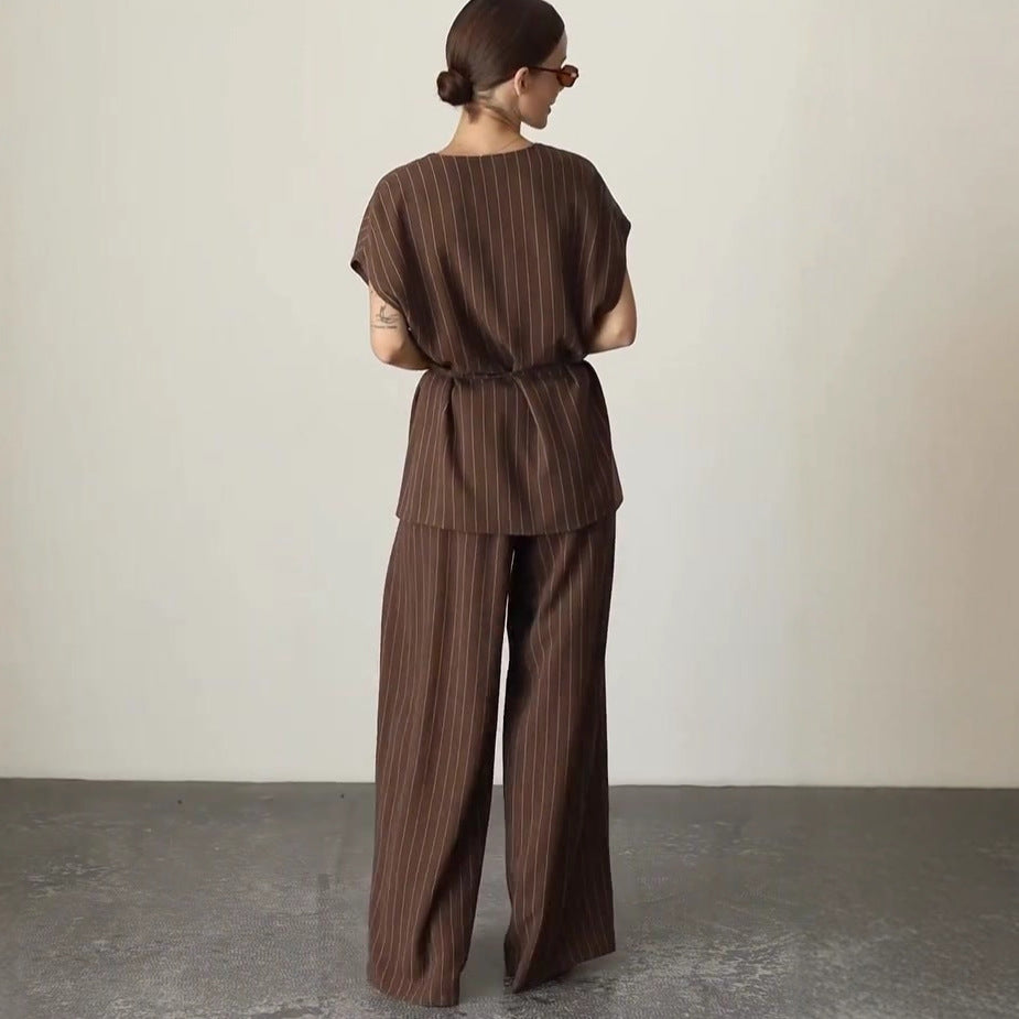 Çizgili Kuşaklı Bluz - Pantolon Takım