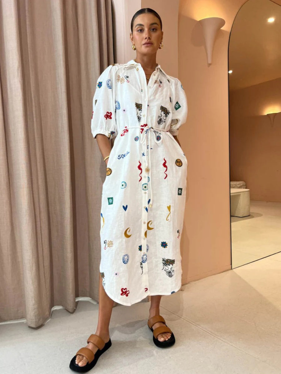 Graffiti Baskılı Kısa Puf Kollu Midi Elbise