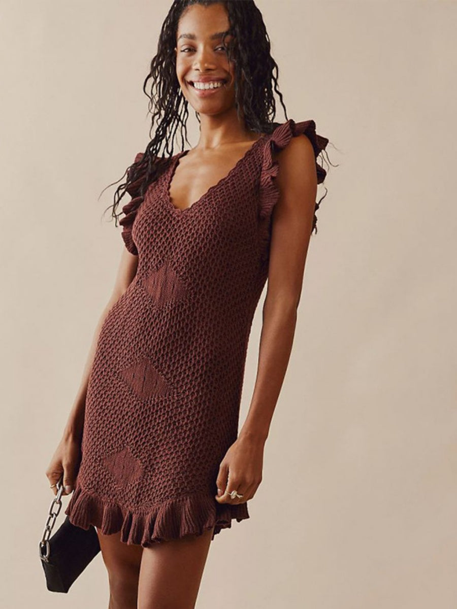 Düz Tığ İşi Volanlı Mini Elbise