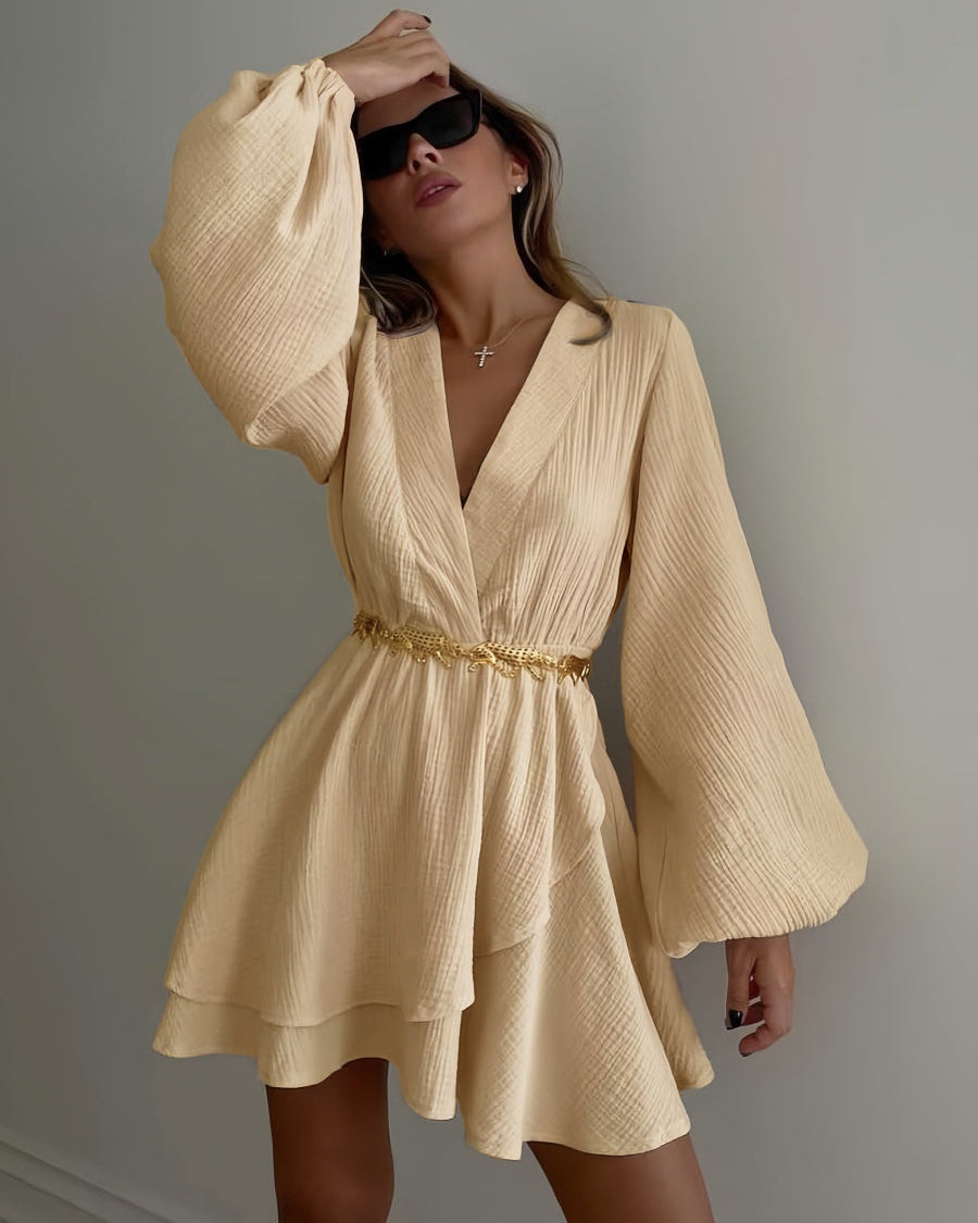 Kemersiz V Yaka Fener Kollu Mini Elbise