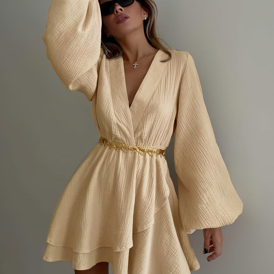 Kemersiz V Yaka Fener Kollu Mini Elbise