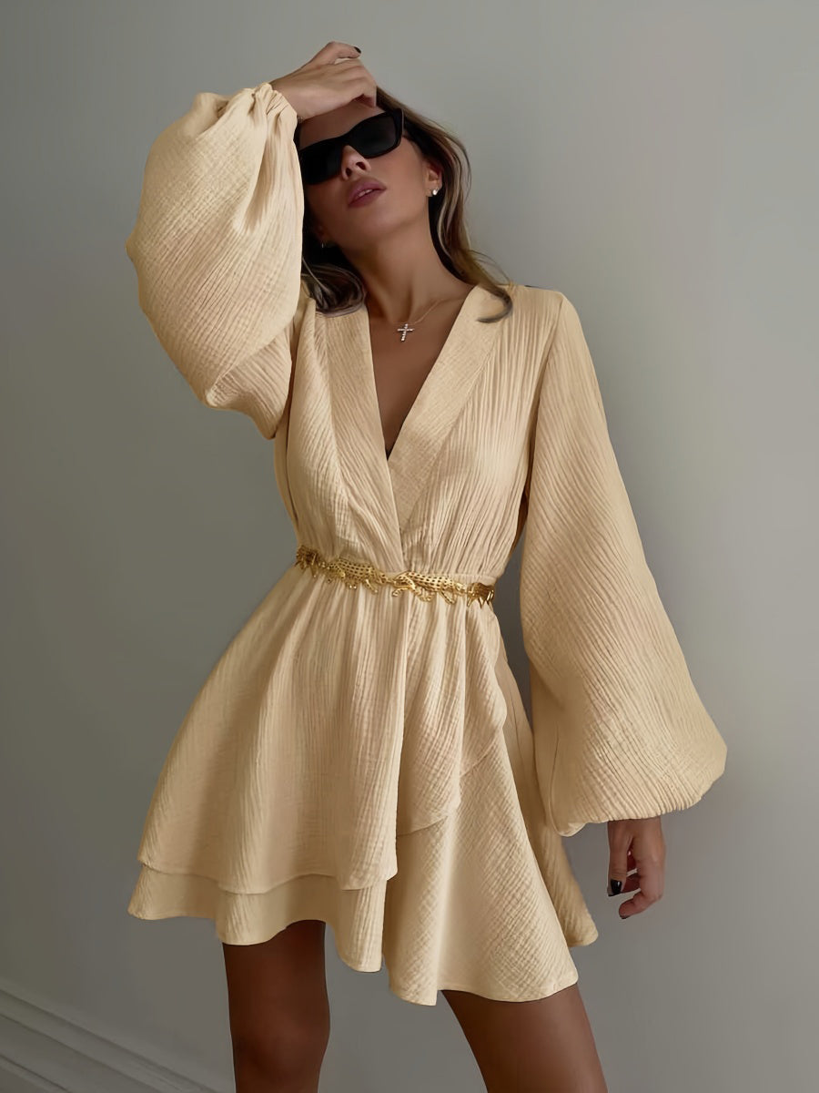 Kemersiz V Yaka Fener Kollu Mini Elbise