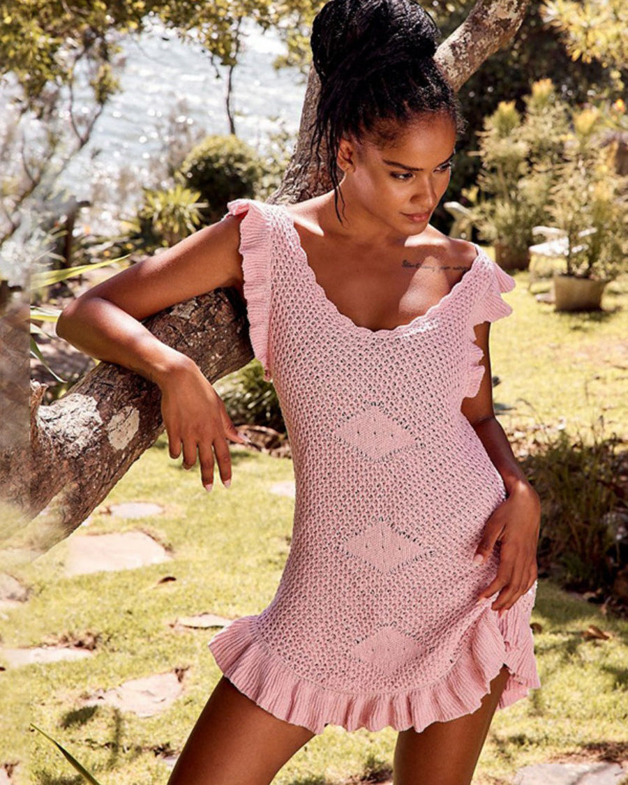 Düz Tığ İşi Volanlı Mini Elbise