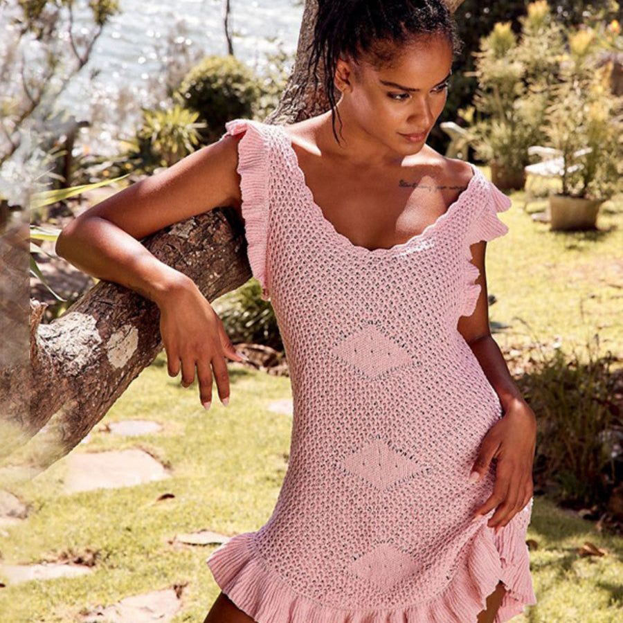 Düz Tığ İşi Volanlı Mini Elbise