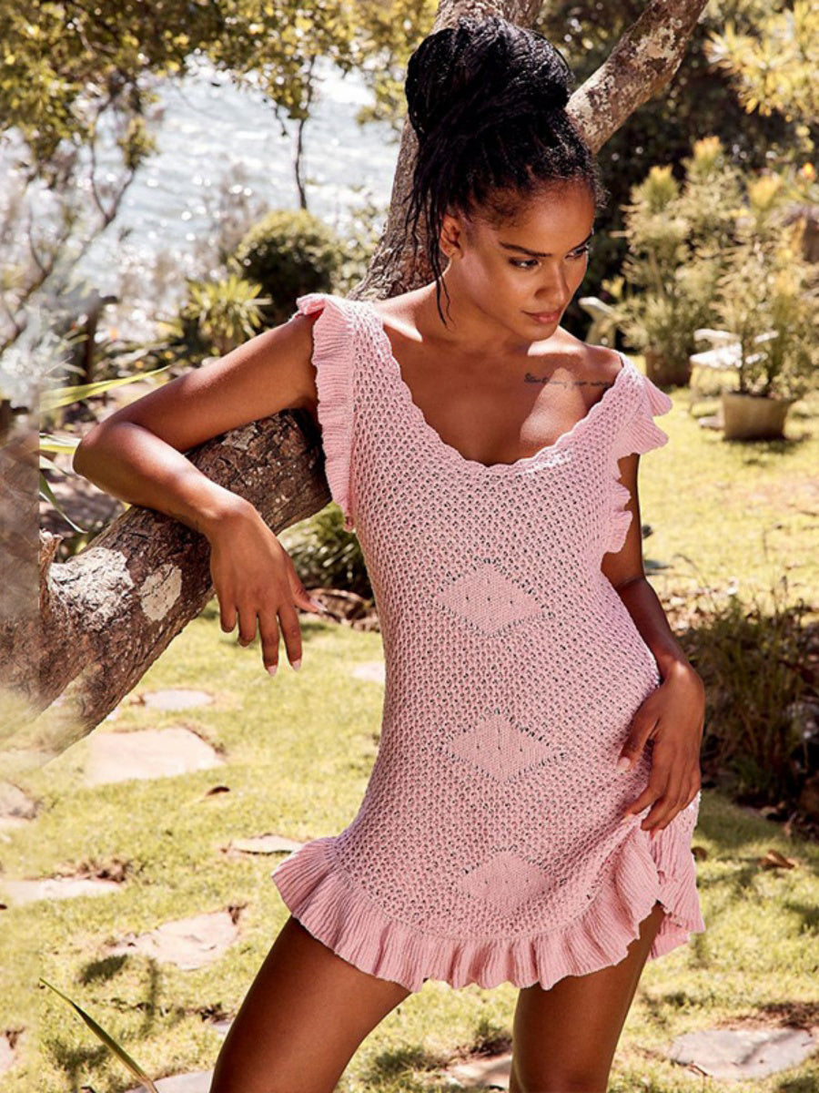 Düz Tığ İşi Volanlı Mini Elbise