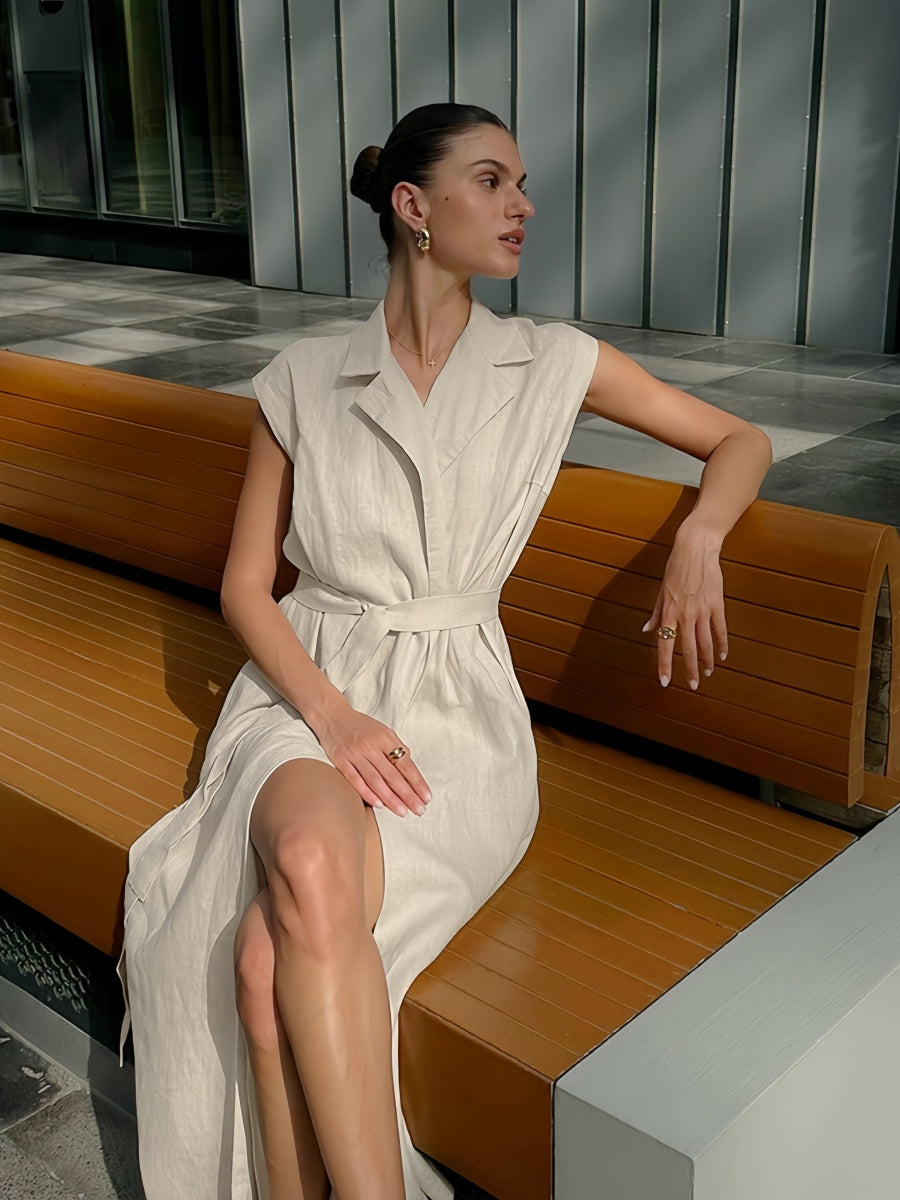 Düz Şal Yaka Yırtık Midi Elbise